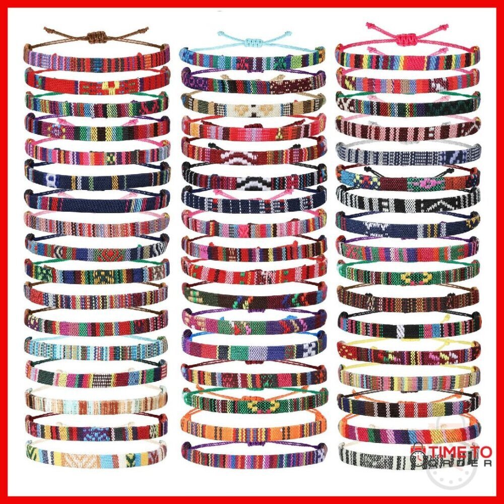 50 Boho Surfer Bracelets Waterproof Adjustable Braided Cotton Wax Thread